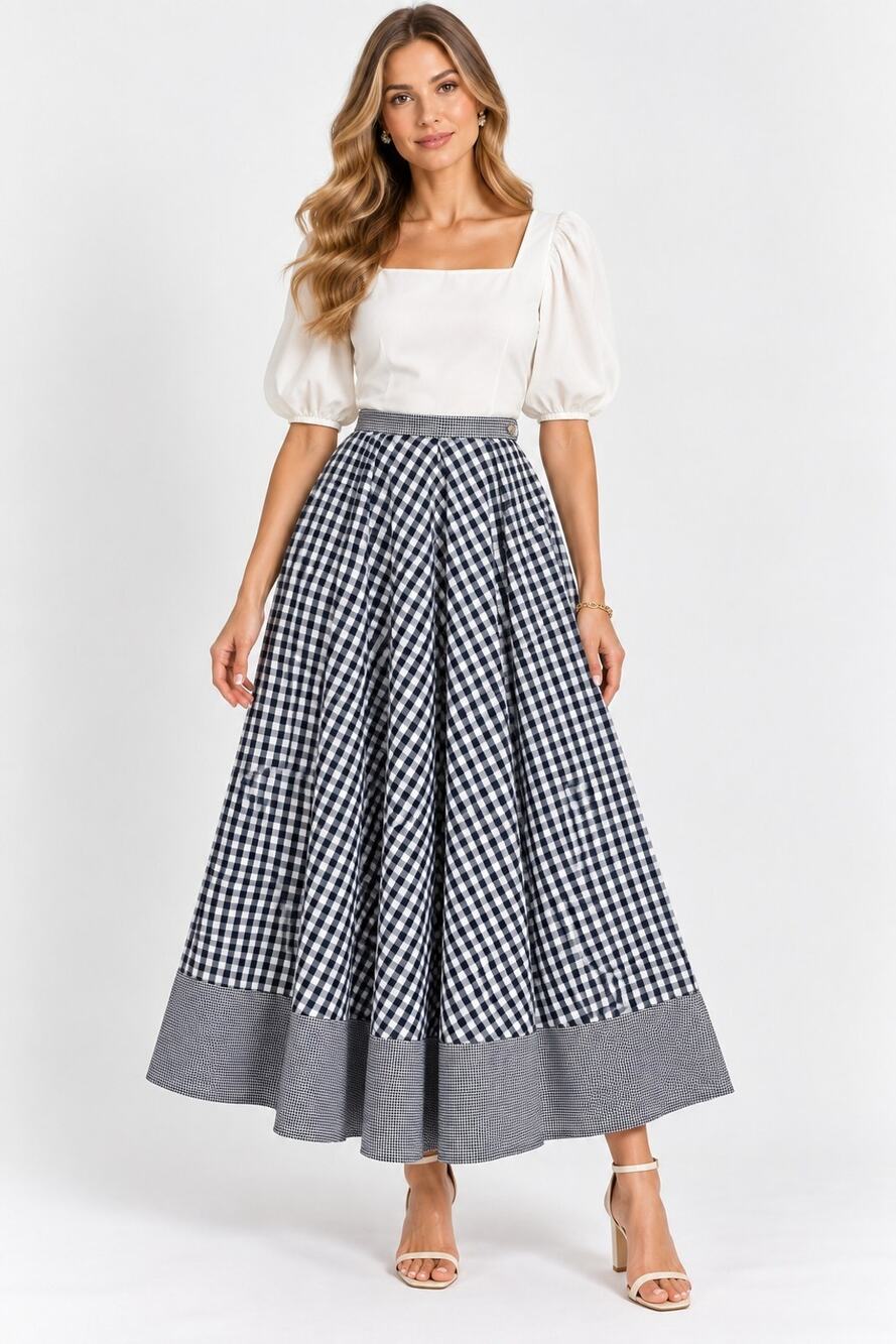 Laura Ashley Blue White Gingham Cotton Maxi Skirt New US 8